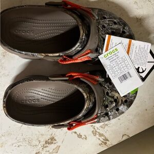 CROCS Gray Camo Sandals with Orange Straps